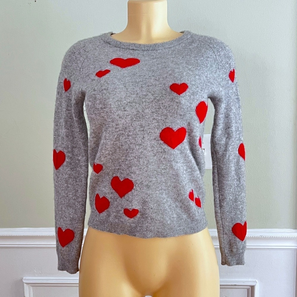 Philosophy Cashmere Sweater S Heart Print Gray Red Crew Neck Pullover Luxury - Picture 2 of 10